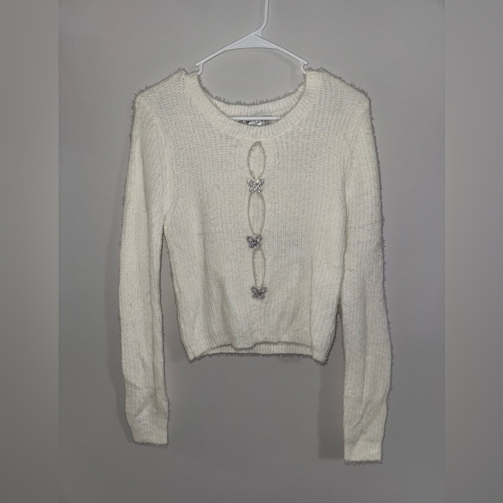 Madden Girl White Fuzzy Knit Sweater Butterfly Rhinestone Cut Out Y2K Coquette M